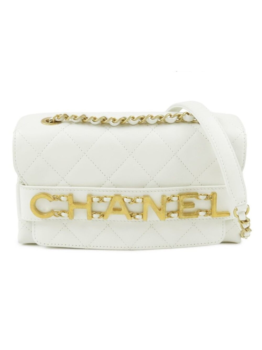 Chanel Chain Shoulder Bag White Gold Leather Quilted Logo